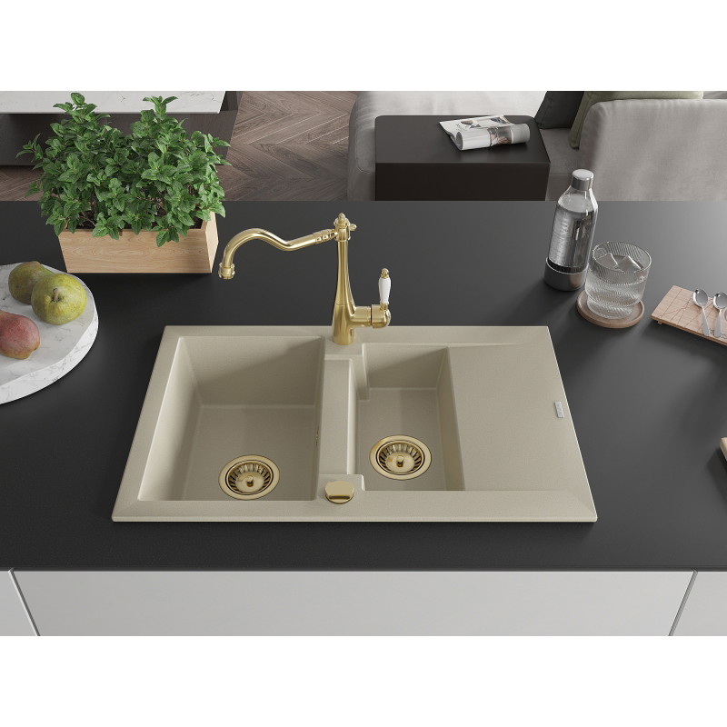 Mexen Gaspar Granitspüle 1,5-beckig mit Abtropffläche und Küchenarmatur Carla, beige - 6507-69-670700-50
