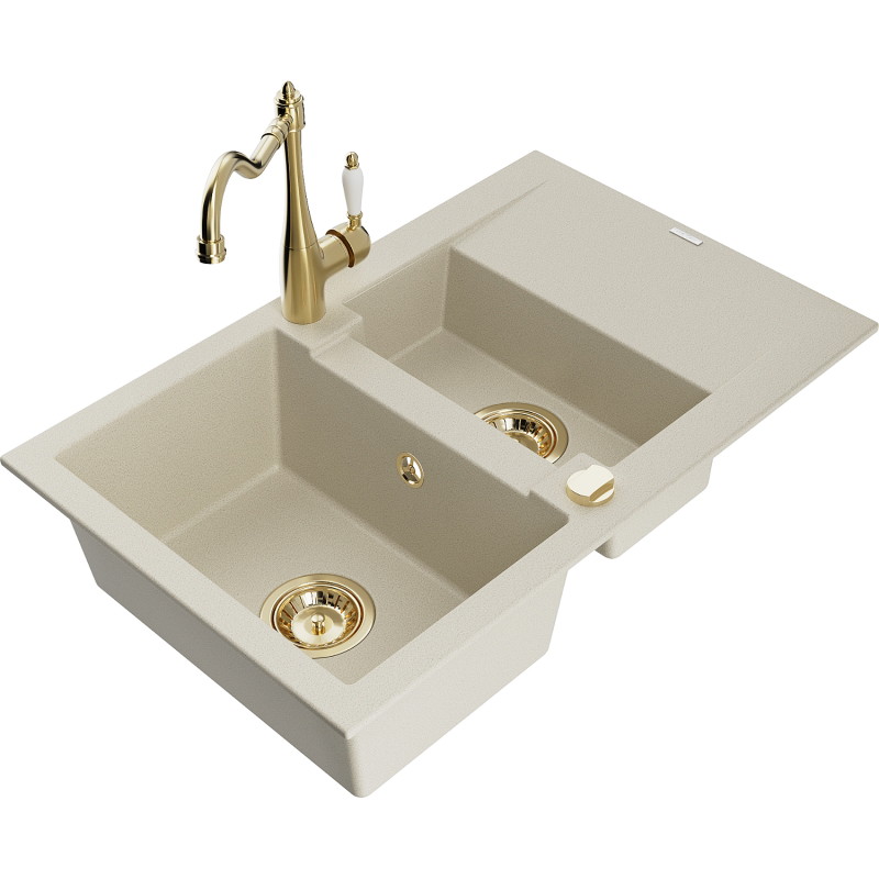 Mexen Gaspar Granitspüle 1,5-Becken mit Abtropffläche und Küchenarmatur Carla, beige - 6507-69-670700-50