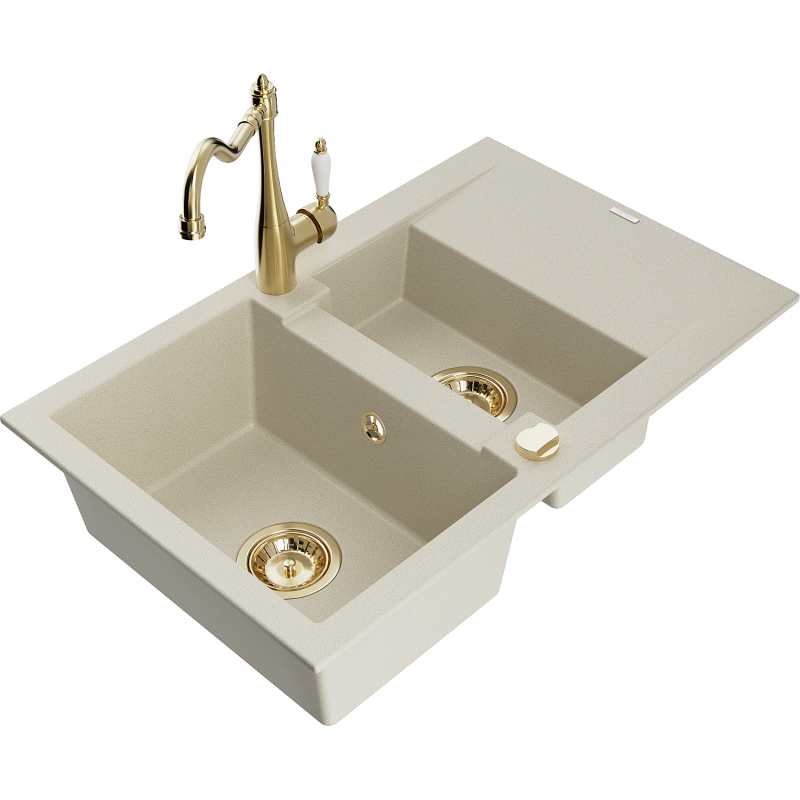 Mexen Gaspar Granitspüle 1,5-Kammer mit Abtropffläche und Küchenarmatur Carla, beige - 6507-69-670700-50