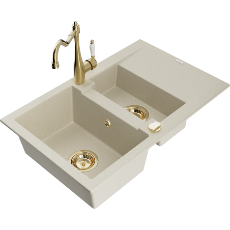 Mexen Gaspar Granitspüle 1,5-Becken mit Abtropffläche und Küchenarmatur Carla, beige - 6507-69-670700-50