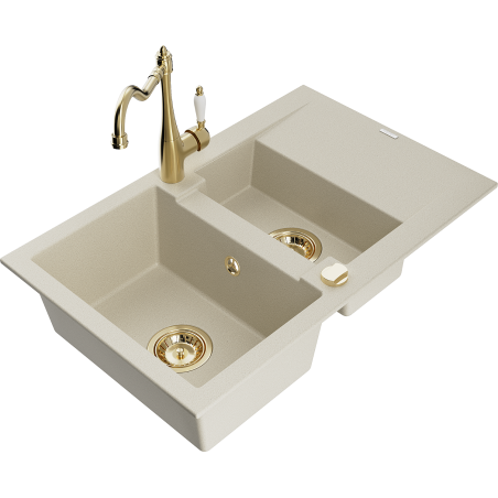 Mexen Gaspar Granitspüle 1,5-Kammer mit Abtropffläche und Küchenarmatur Carla, beige - 6507-69-670700-50