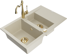 Mexen Gaspar Granitspüle 1,5-Kammer mit Abtropffläche und Küchenarmatur Carla, beige - 6507-69-670700-50