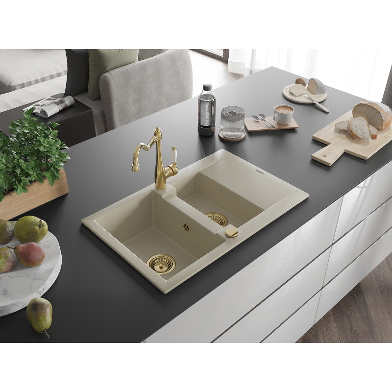 Mexen Gaspar Granitspüle 1,5-Becken mit Abtropffläche und Küchenarmatur Carla, beige - 6507-69-670700-50
