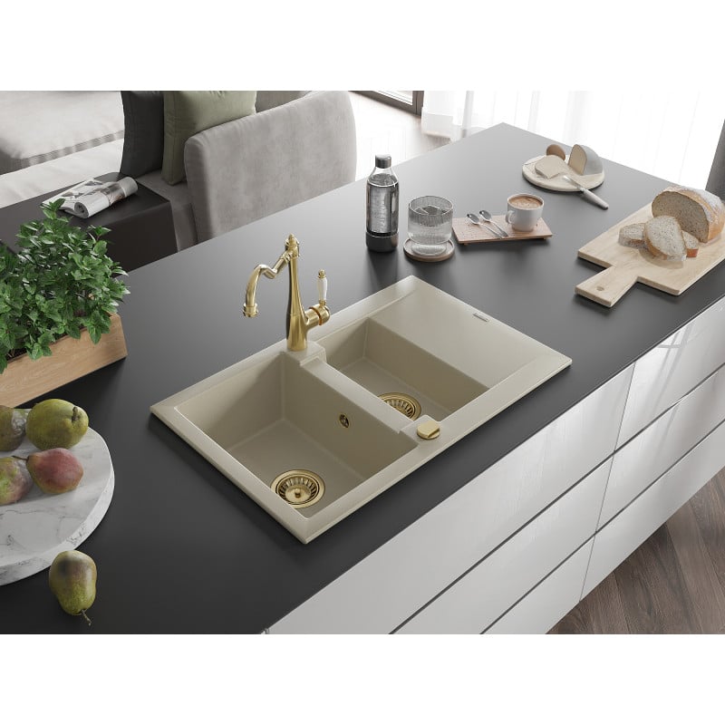 Mexen Gaspar Granitspüle 1,5-Kammer mit Abtropffläche und Küchenarmatur Carla, beige - 6507-69-670700-50