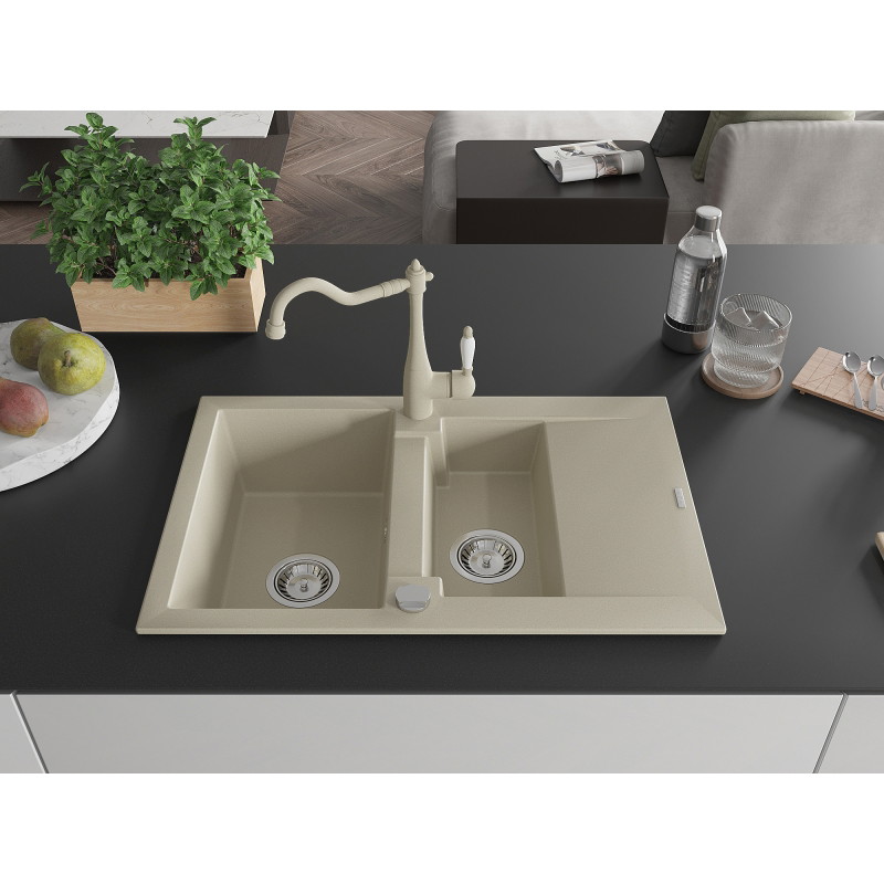 Mexen Gaspar Granitspüle 1,5-Becken mit Abtropffläche und Küchenarmatur Carla, beige - 6507-69-670700-69