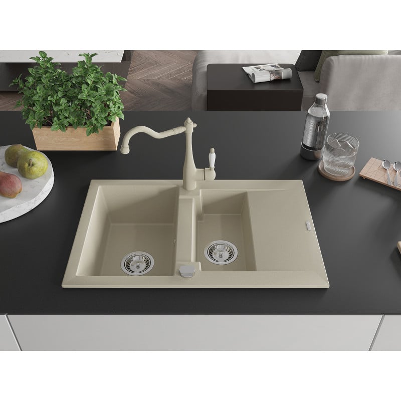 Mexen Gaspar Granitspüle 1,5-Kammer mit Abtropffläche und Küchenarmatur Carla, beige - 6507-69-670700-69