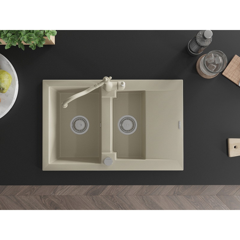 Mexen Gaspar Granitspüle 1,5-Becken mit Abtropffläche und Küchenarmatur Carla, beige - 6507-69-670700-69