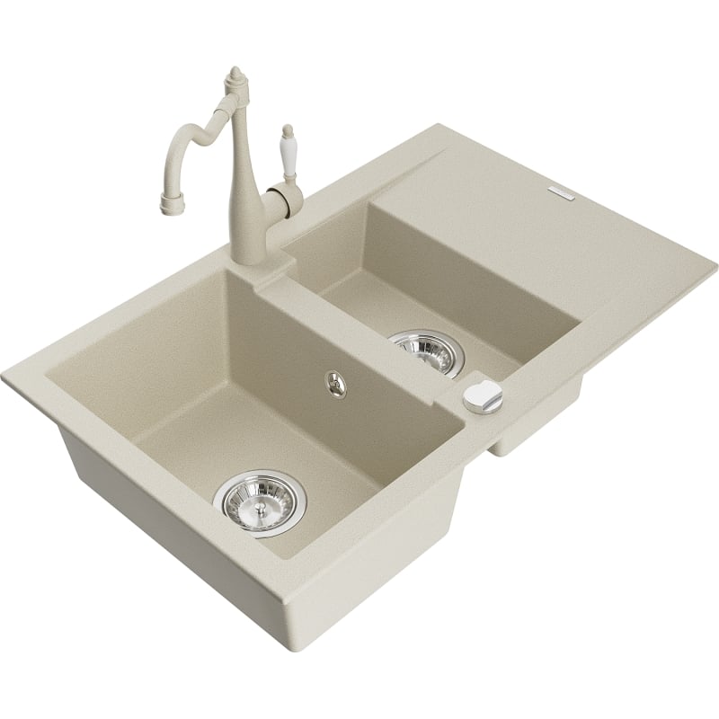 Mexen Gaspar Granitspüle 1,5-Becken mit Abtropffläche und Küchenarmatur Carla, beige - 6507-69-670700-69
