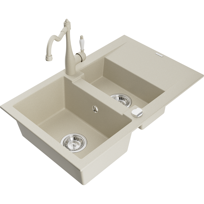 Mexen Gaspar Granitspüle 1,5-Kammer mit Abtropffläche und Küchenarmatur Carla, beige - 6507-69-670700-69