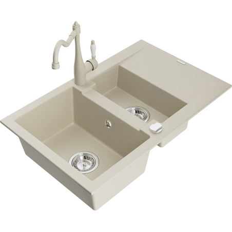 Mexen Gaspar Granitspüle 1,5-Kammer mit Abtropffläche und Küchenarmatur Carla, beige - 6507-69-670700-69
