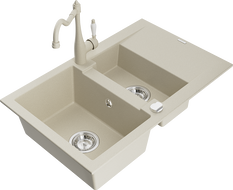 Mexen Gaspar Granitspüle 1,5-Kammer mit Abtropffläche und Küchenarmatur Carla, beige - 6507-69-670700-69