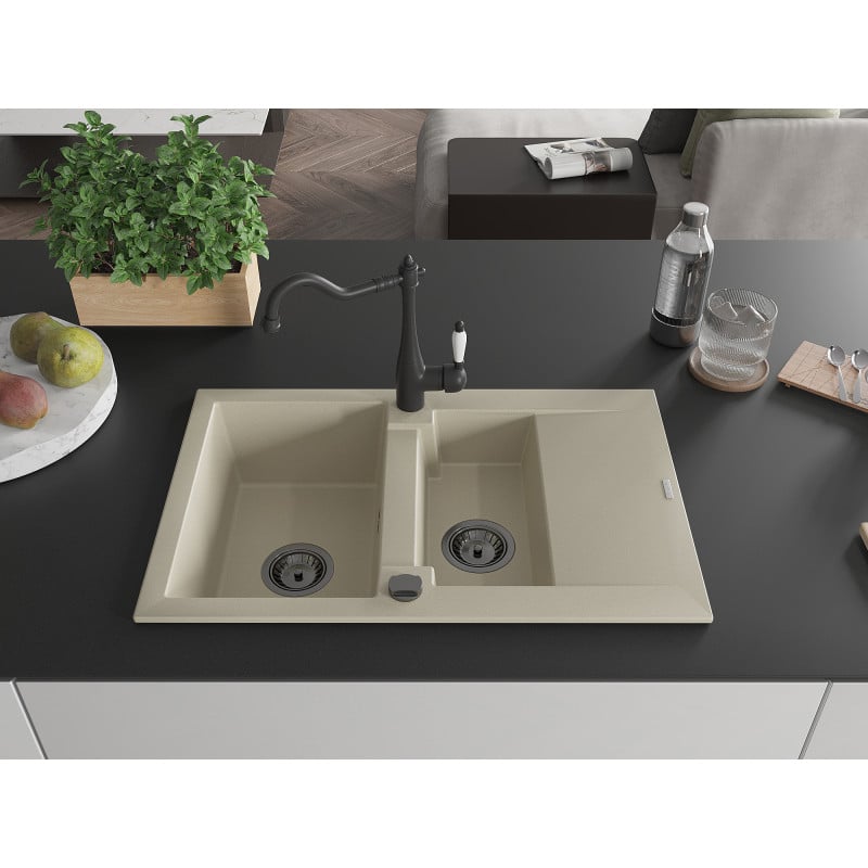 Mexen Gaspar Granitspüle 1,5-beckig mit Abtropffläche und Küchenarmatur Carla, beige - 6507-69-670700-70