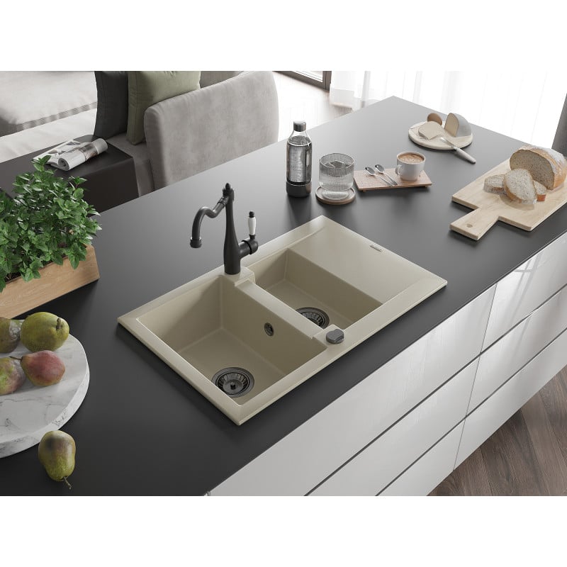 Mexen Gaspar Granitspüle 1,5-beckig mit Abtropffläche und Küchenarmatur Carla, beige - 6507-69-670700-70