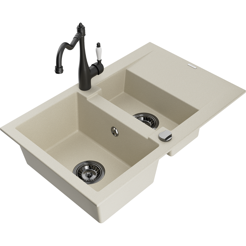 Mexen Gaspar Granitspüle 1,5-beckig mit Abtropffläche und Küchenarmatur Carla, beige - 6507-69-670700-70