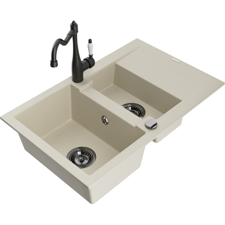 Mexen Gaspar Granitspüle 1,5-beckig mit Abtropffläche und Küchenarmatur Carla, beige - 6507-69-670700-70