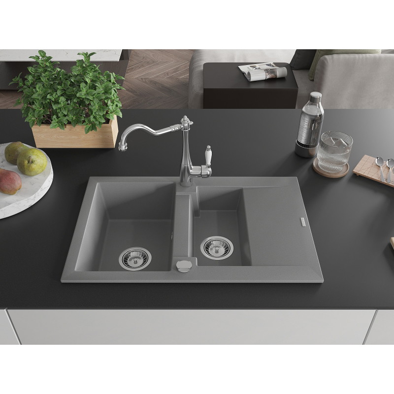 Mexen Gaspar 1,5-Bowl Granitspüle mit Abtropffläche und Küchenarmatur Carla, grau - 6507-71-670700-00