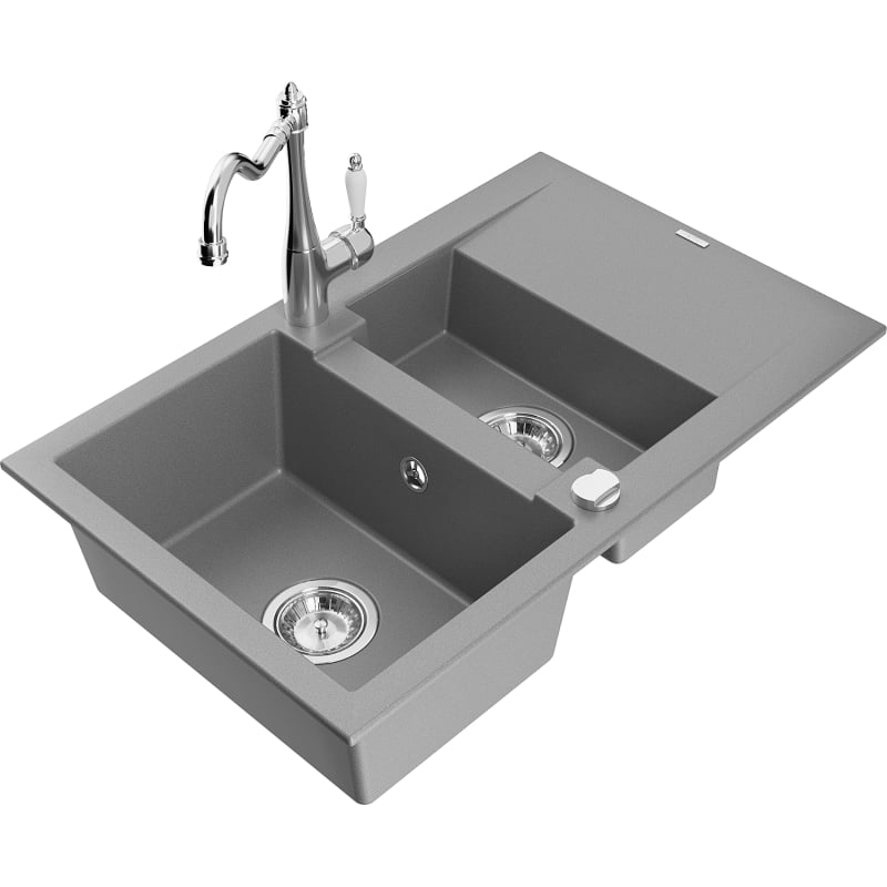 Mexen Gaspar Granitspüle 1,5-Becken mit Abtropffläche und Küchenarmatur Carla, grau - 6507-71-670700-00