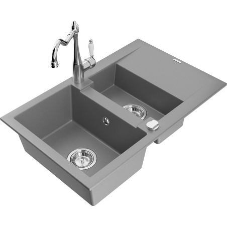 Mexen Gaspar 1,5-Bowl Granitspüle mit Abtropffläche und Küchenarmatur Carla, grau - 6507-71-670700-00