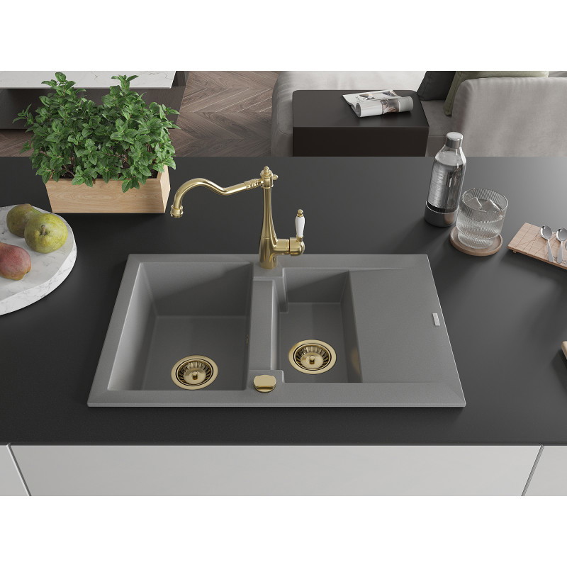 Mexen Gaspar Granitspüle 1,5-Becken mit Abtropffläche und Küchenarmatur Carla, grau - 6507-71-670700-50