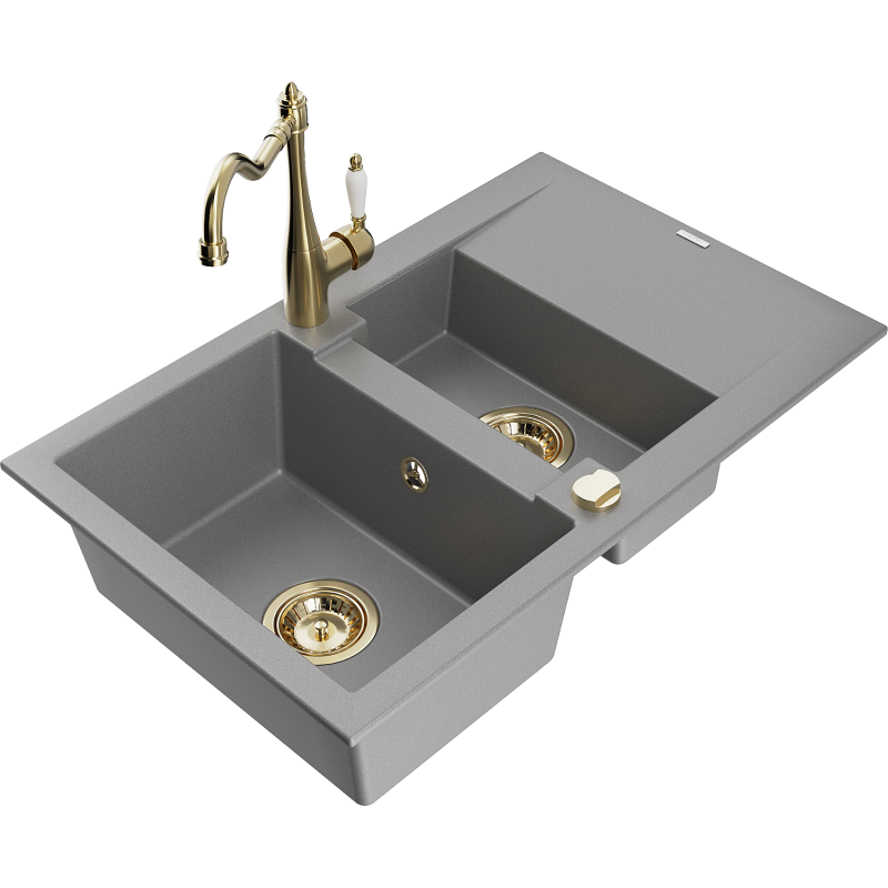 Mexen Gaspar Granitspüle 1,5-Becken mit Abtropffläche und Küchenarmatur Carla, grau - 6507-71-670700-50