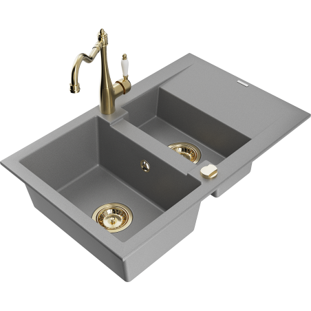 Mexen Gaspar Granitspüle 1,5-Becken mit Abtropffläche und Küchenarmatur Carla, grau - 6507-71-670700-50