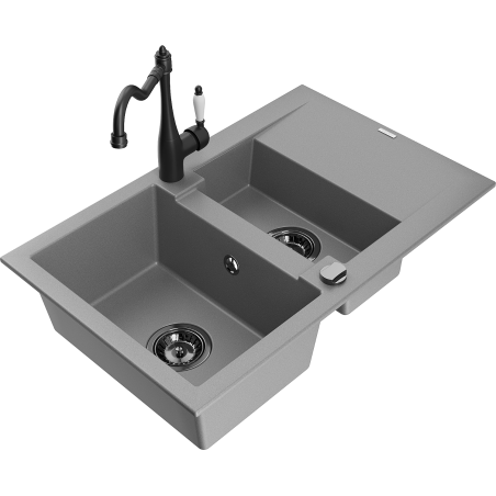 Mexen Gaspar Granitspüle 1,5-Becken mit Abtropffläche und Küchenarmatur Carla, grau - 6507-71-670700-70-B