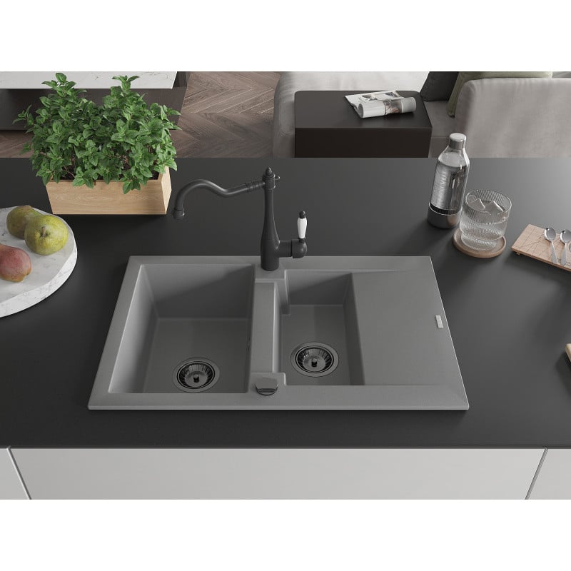 Mexen Gaspar Granitspüle 1,5-Becken mit Abtropffläche und Küchenarmatur Carla, grau - 6507-71-670700-70-B