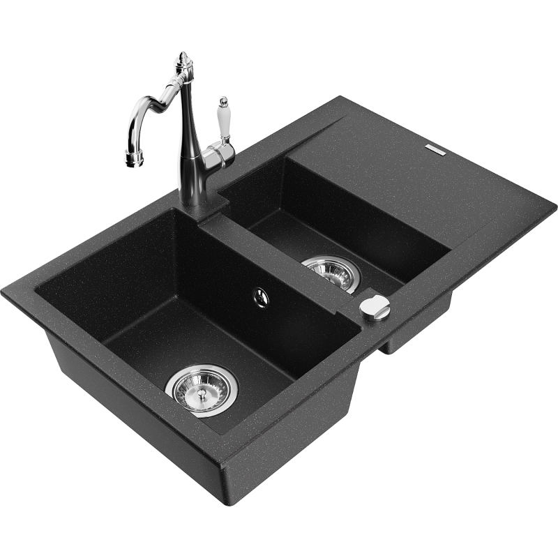 Mexen Gaspar Granitspüle 1,5-Becken mit Abtropffläche und Küchenarmatur Carla schwarz/silber metallic - 6507-73-670700-00