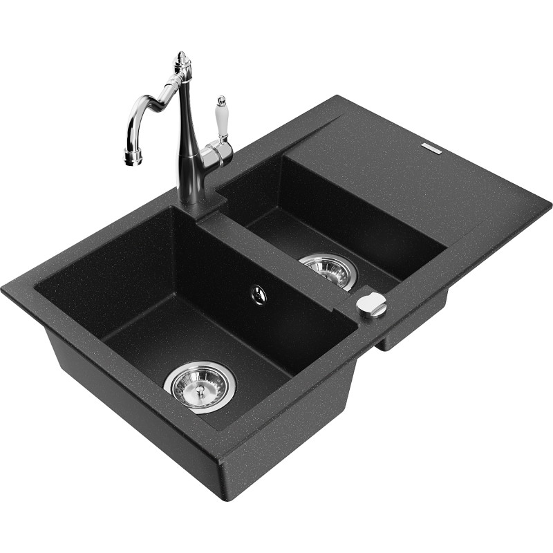 Mexen Gaspar granitspüle 1,5-beckig mit abtropffläche und küchenarmatur Carla schwarz/silber metallic - 6507-73-670700-00