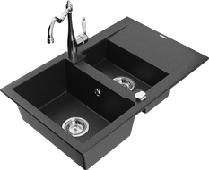Mexen Gaspar granitspüle 1,5-beckig mit abtropffläche und küchenarmatur Carla schwarz/silber metallic - 6507-73-670700-00