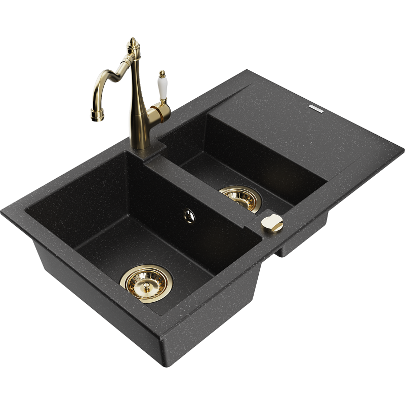 Mexen Gaspar Granitspüle 1,5-Becken mit Abtropffläche und Küchenarmatur Carla schwarz/silber metallic - 6507-73-670700-50
