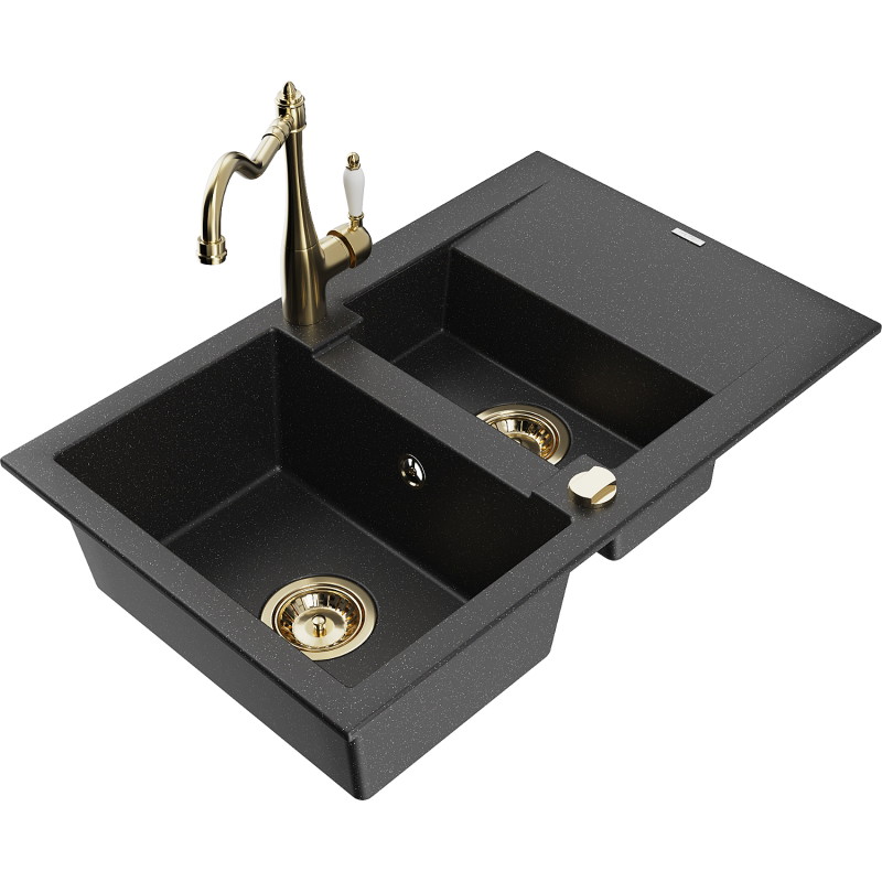 Mexen Gaspar Granitspüle 1,5-Schüssel mit Abtropffläche und Küchenarmatur Carla schwarz/silber Metallic - 6507-73-670700-50