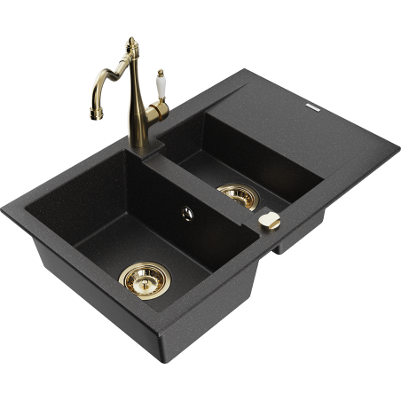 Mexen Gaspar Granitspüle 1,5-Becken mit Abtropffläche und Küchenarmatur Carla schwarz/silber metallic - 6507-73-670700-50