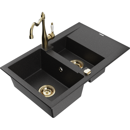 Mexen Gaspar Granitspüle 1,5-Schüssel mit Abtropffläche und Küchenarmatur Carla schwarz/silber Metallic - 6507-73-670700-50