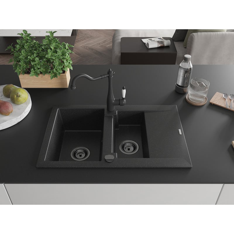Mexen Gaspar Granitspüle 1,5 Kammer mit Abtropffläche und Küchenarmatur Carla, schwarz/silber - 6507-73-670700-70-B