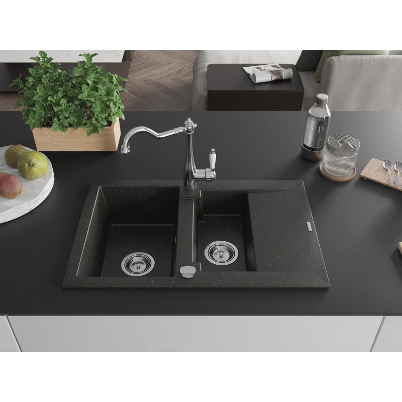 Mexen Gaspar Granitspüle 1,5-Becken mit Abtropffläche und Küchenarmatur Carla, schwarz/gold-metallic - 6507-75-670700-00