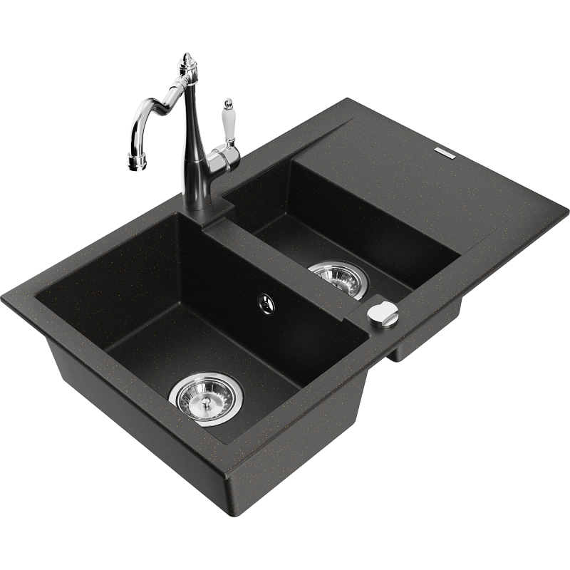 Mexen Gaspar Granitspüle 1,5-Becken mit Abtropffläche und Küchenarmatur Carla, schwarz/gold-metallic - 6507-75-670700-00