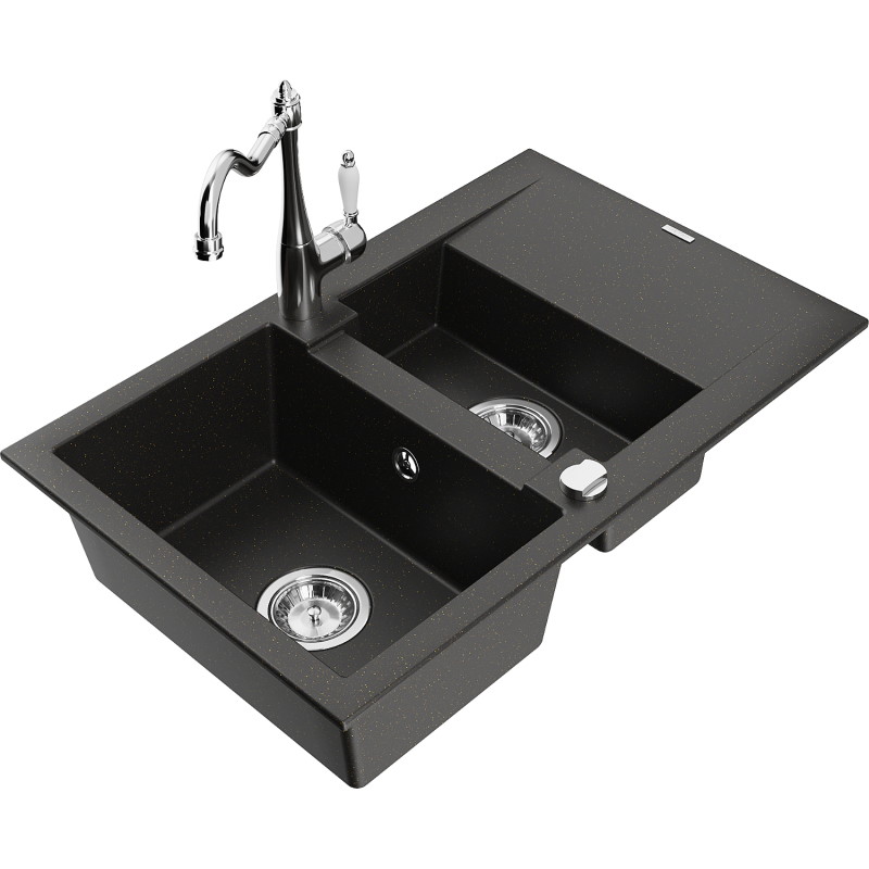 Mexen Gaspar Granitspüle 1,5-Kammer mit Abtropffläche und Küchenarmatur Carla, schwarz/gold metallic - 6507-75-670700-00