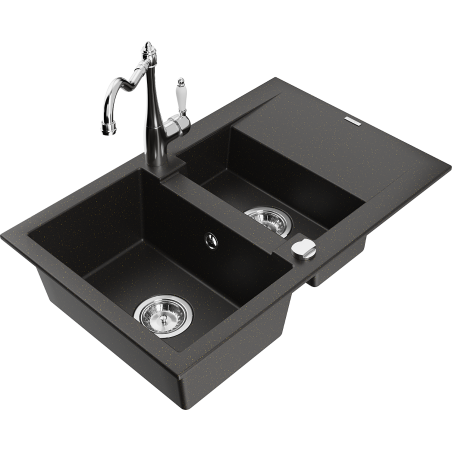 Mexen Gaspar Granitspüle 1,5-Becken mit Abtropffläche und Küchenarmatur Carla, schwarz/gold-metallic - 6507-75-670700-00