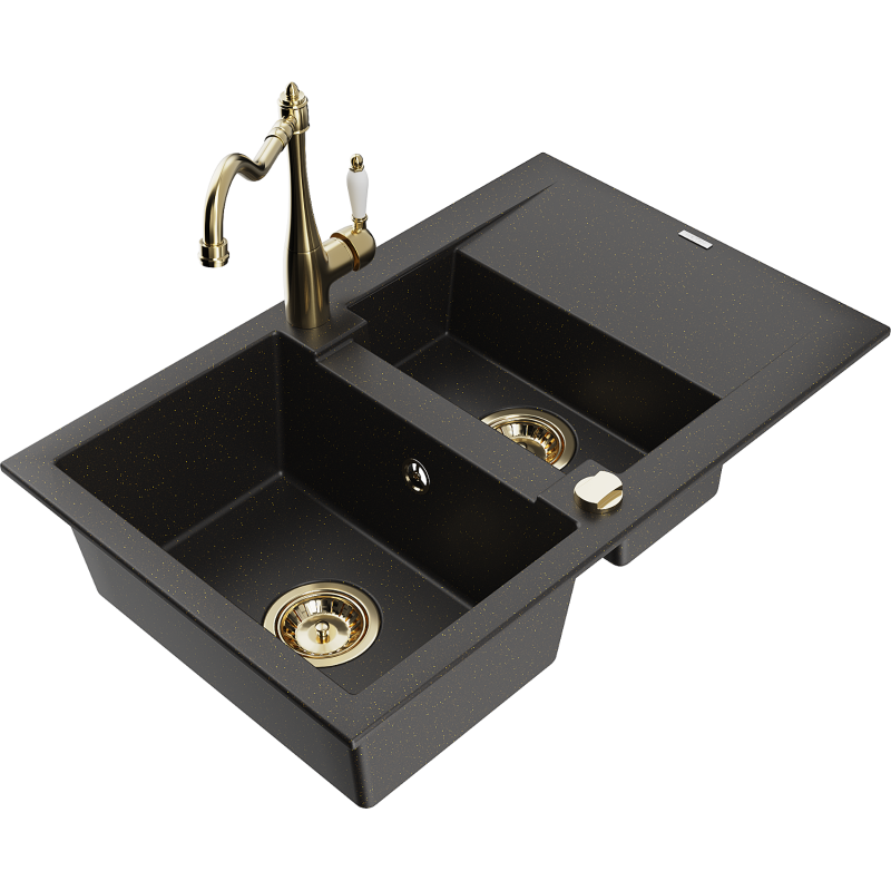 Mexen Gaspar Granitspüle 1,5 Becken mit Abtropffläche und Küchenarmatur Carla, schwarz/gold metallic - 6507-75-670700-50