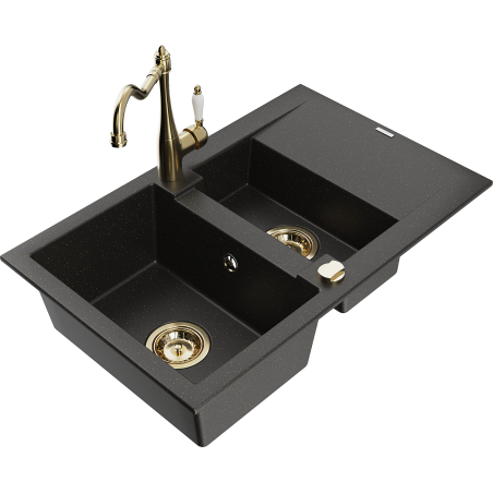 Mexen Gaspar Granitspüle 1,5 Becken mit Abtropffläche und Küchenarmatur Carla, schwarz/gold metallic - 6507-75-670700-50
