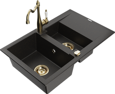 Mexen Gaspar Granitspüle 1,5 Becken mit Abtropffläche und Küchenarmatur Carla, schwarz/gold metallic - 6507-75-670700-50