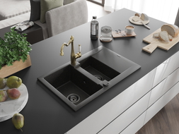 Mexen Gaspar Granitspüle 1,5-Becken mit Abtropffläche und Küchenarmatur Carla schwarz/gold Metallic - 6507-75-670700-50-B