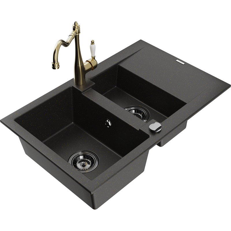 Mexen Gaspar Granitspüle 1,5-Becken mit Abtropffläche und Küchenarmatur Carla schwarz/gold Metallic - 6507-75-670700-50-B