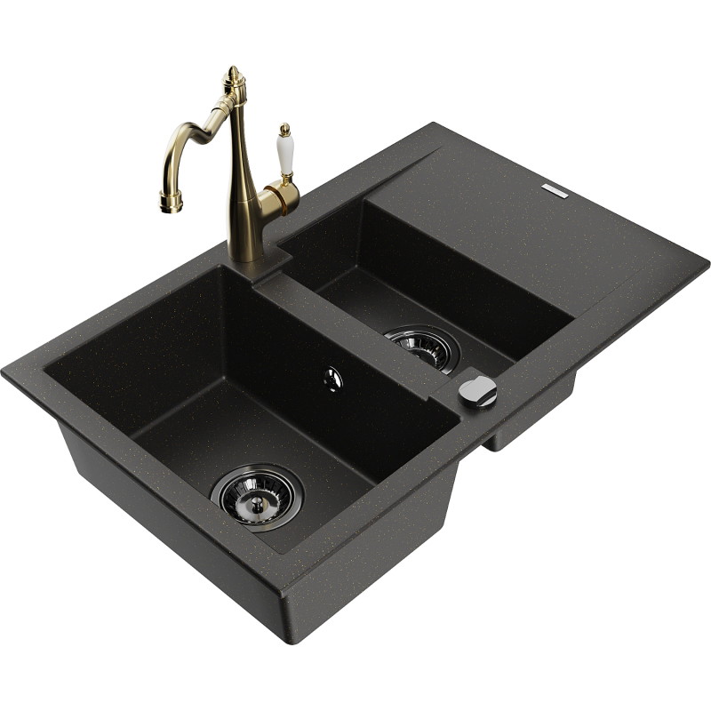 Mexen Gaspar Granitspüle 1,5-beckig mit Abtropffläche und Küchenarmatur Carla schwarz/gold metallic - 6507-75-670700-50-B