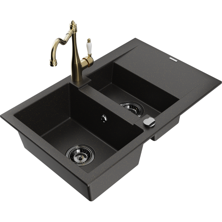 Mexen Gaspar Granitspüle 1,5-Becken mit Abtropffläche und Küchenarmatur Carla schwarz/gold Metallic - 6507-75-670700-50-B