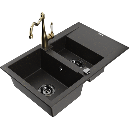 Mexen Gaspar Granitspüle 1,5-beckig mit Abtropffläche und Küchenarmatur Carla schwarz/gold metallic - 6507-75-670700-50-B