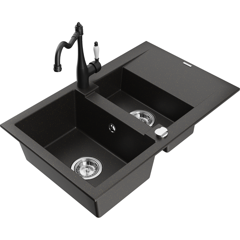 Mexen Gaspar Granitspüle 1,5-Becken mit Abtropffläche und Küchenarmatur Carla, schwarz/gold metallic - 6507-75-670700-70