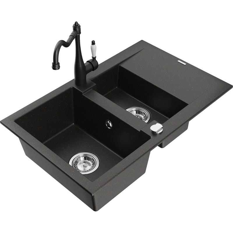 Mexen Gaspar Granitspüle 1,5-beckig mit Abtropffläche und Küchenarmatur Carla, schwarz/gold metallic - 6507-75-670700-70