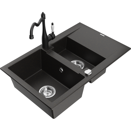 Mexen Gaspar Granitspüle 1,5-Becken mit Abtropffläche und Küchenarmatur Carla, schwarz/gold metallic - 6507-75-670700-70